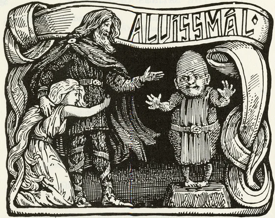 Alvíss answers Thor beside the suitor’s intended bride, W. G. Collingwood, 1908
