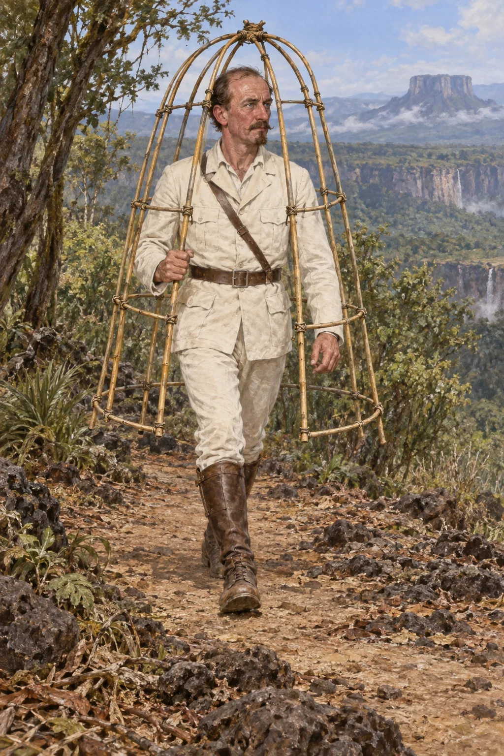 Unofficial AI interpretation of Roxton walking within his bent-cane protective framework. Appearance and clothing follow the novel; exact cage supports, bindings, stride and woodland arrangement are imagined.