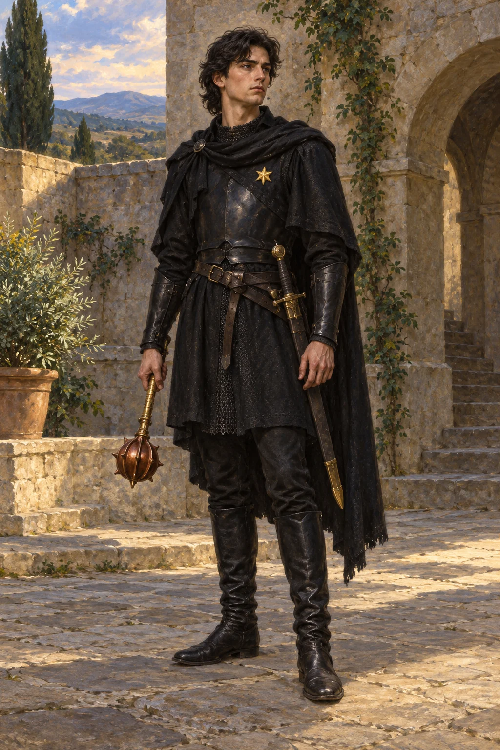 Csabor Úr in black armour with a gold star and lowered mace; appearance, equipment design and courtyard interpretive.