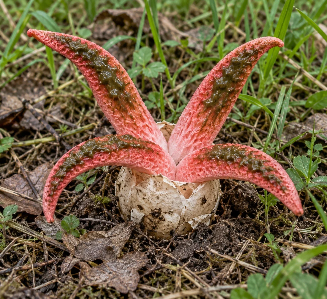 Modern AI interpretation of four-armed stinkhorn form.