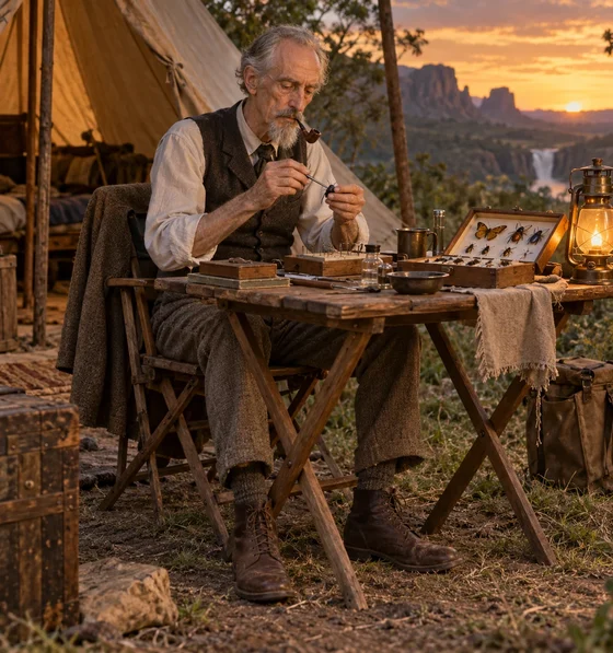Imagined Summerlee with a grey goat-like beard and short pipe mounts an insect at a camp table.