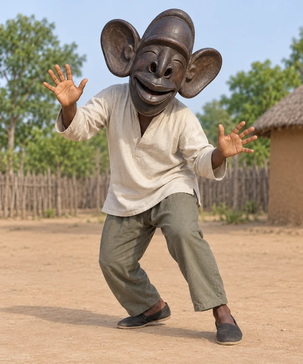 AI interpretation of Gongoli’s entertainment role. Performer and mask imagined.