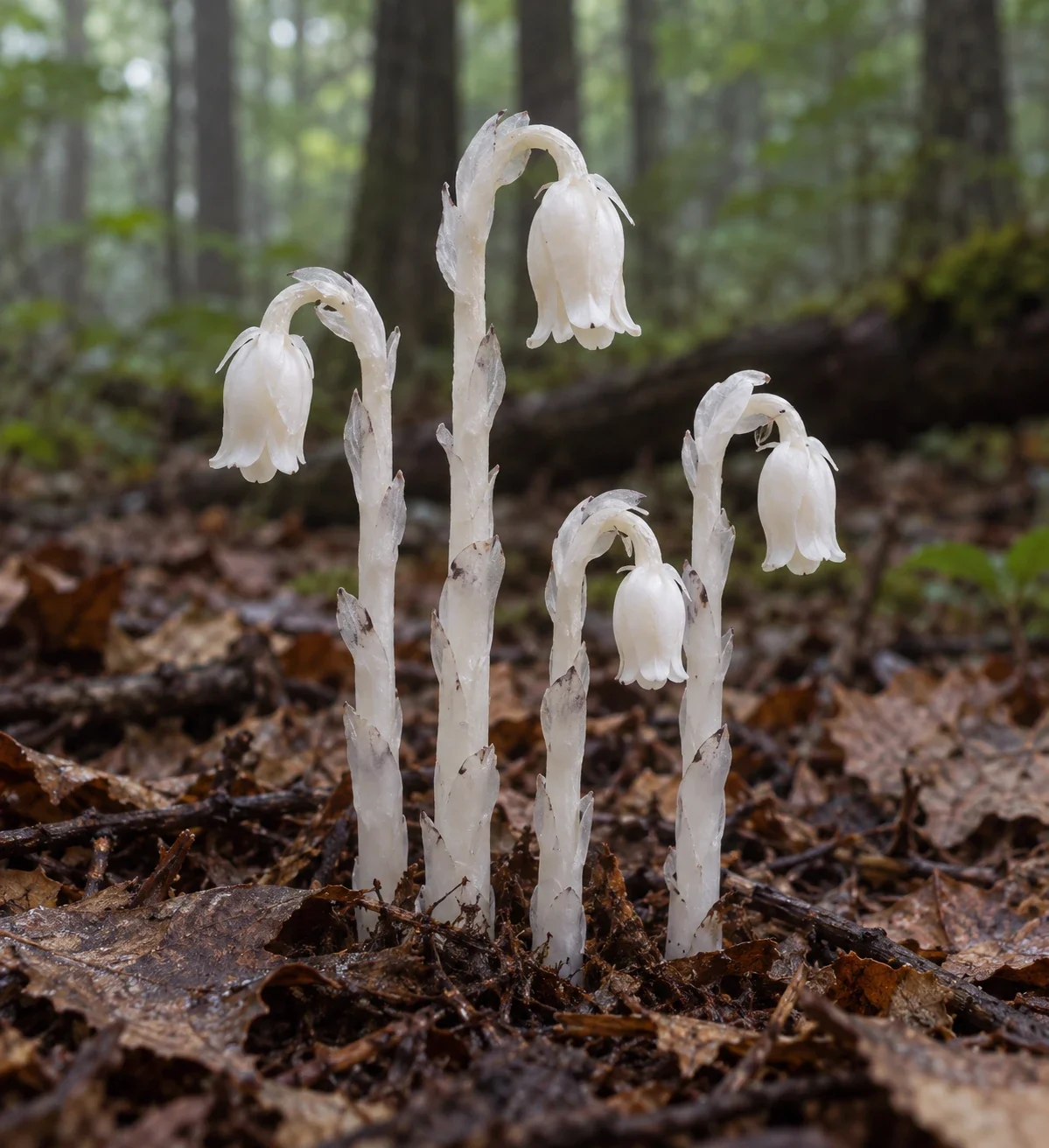 Modern AI interpretation of pale ghost pipe flowers.