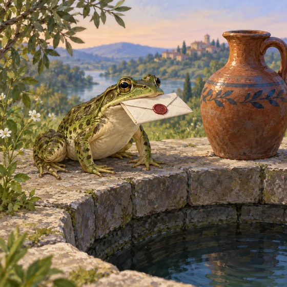 Frog holds a sealed letter beside a water jug.