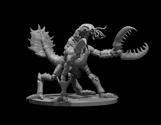 Grey crustaceanlike miniature with two enormous toothed pincers, facial tendrils, jointed legs and curved spined tail, on an oval base against black.