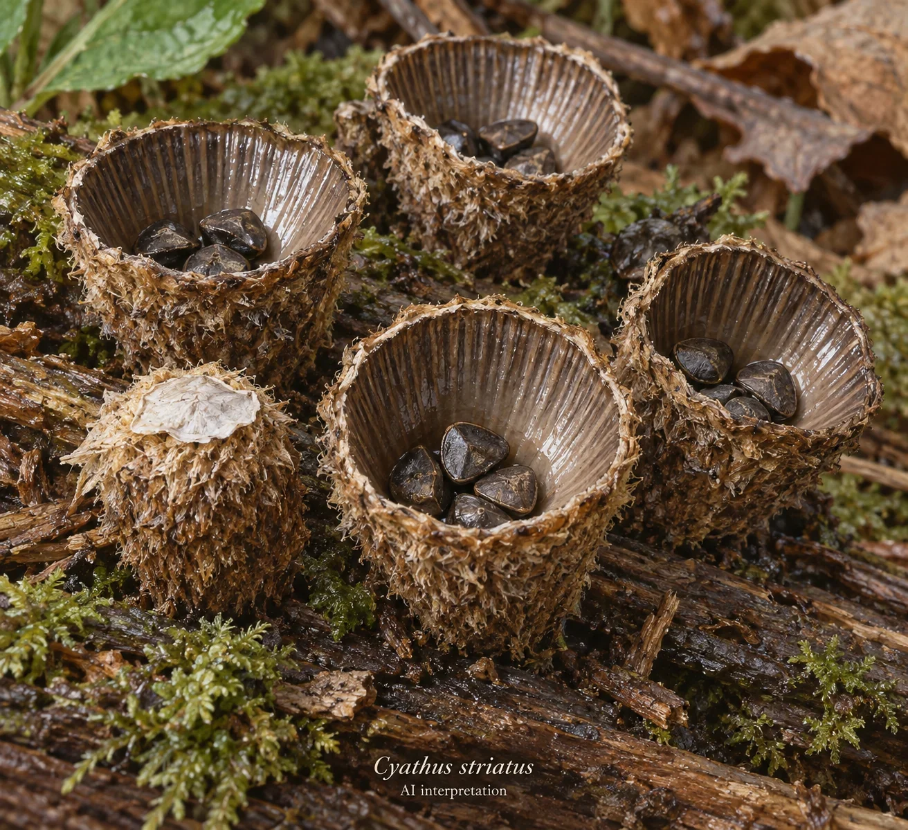 AI illustration of hairy bird’s nest fungus cups with lined interiors and peridioles.