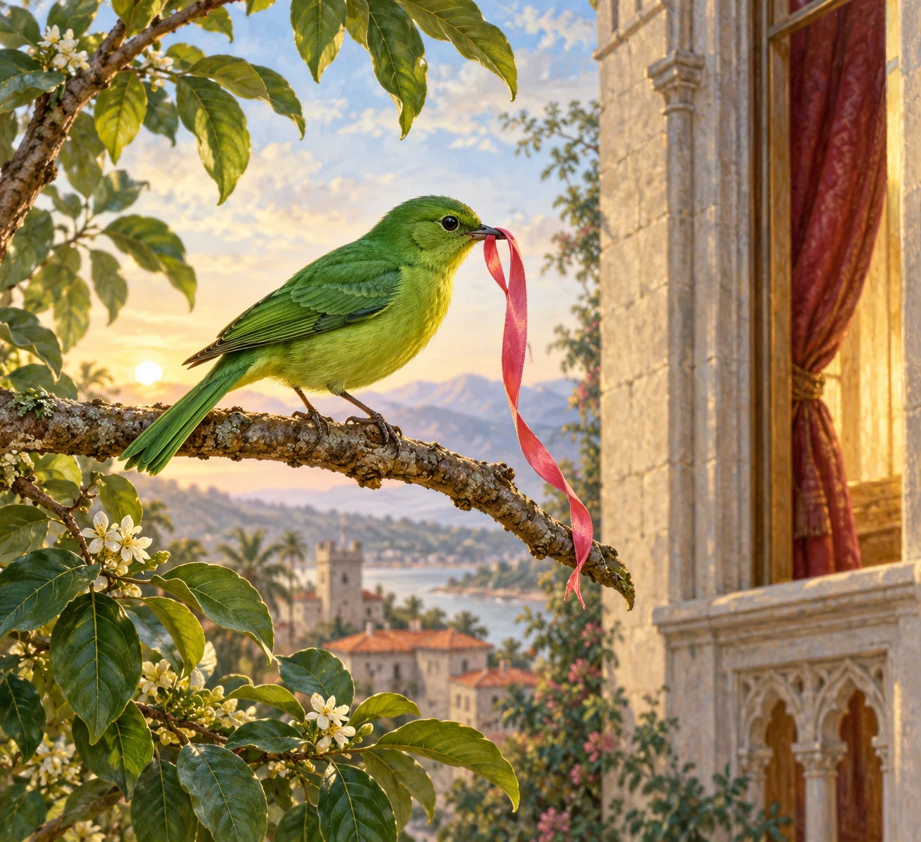 The little green bird carrying María’s ribbon; species, plumage details and royal setting interpreted.