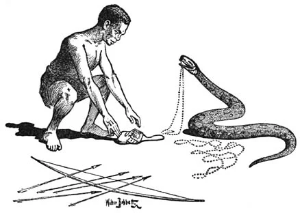 A coiled snake holds a chain beside a crouching youth and an open bag; a bow and arrows lie in the foreground.