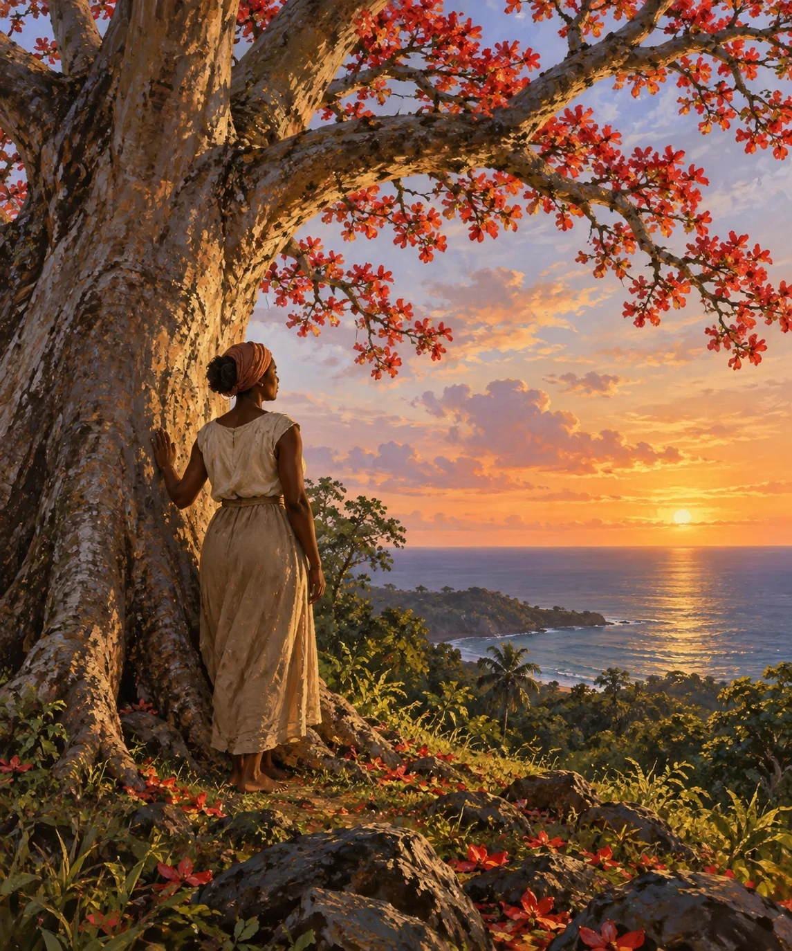 AI interpretation of Sarah beside a silk cotton tree.