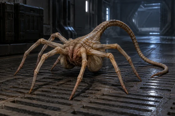 Long-tailed finger-limbed parasite rests on a spacecraft floor.