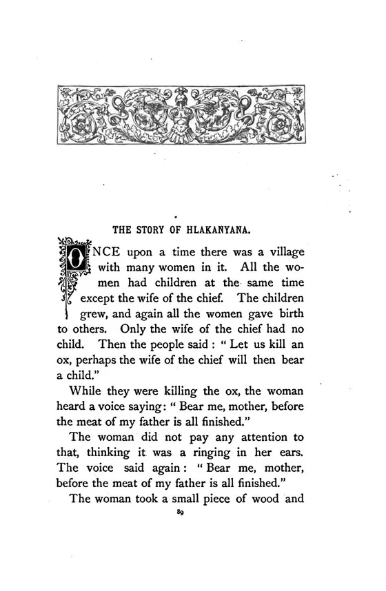 The Story of Hlakanyana, historical printed chapter opening; documentary source-page facsimile