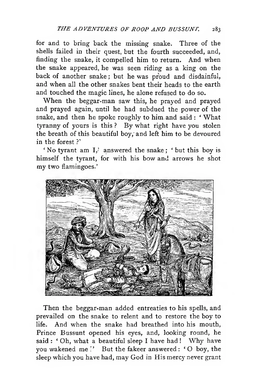 Snake-charmer and assembled serpents beside the unconscious Bussunt, original 1892 illustration