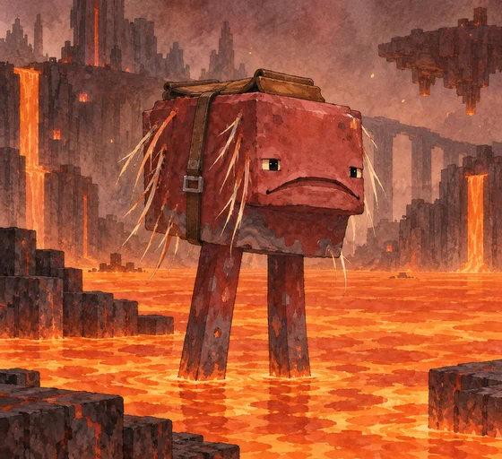 A two-legged bristly Strider walks across lava.