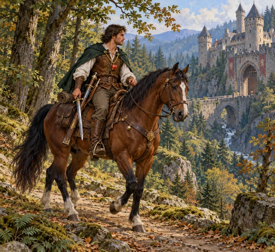 Complete Lacko on a horse, with an apple hanging from a golden chain.