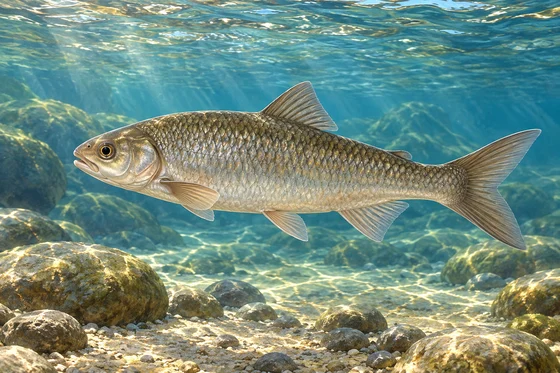 A complete silvery gray-brown fish swims alone in clear water, with its fins and tail fully visible.