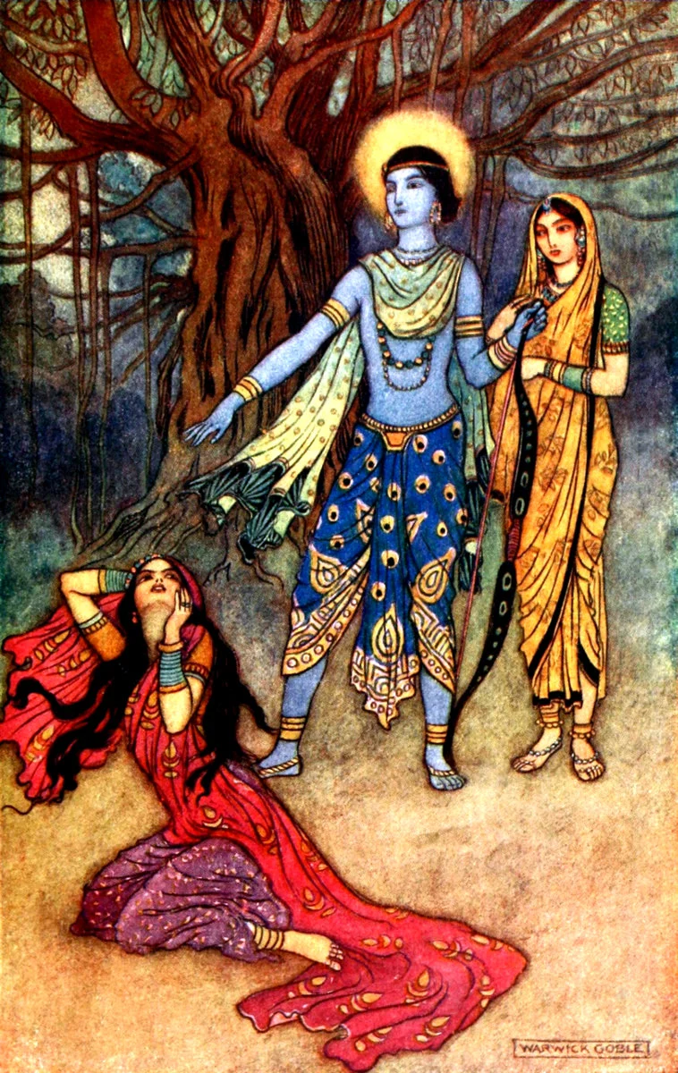 Shurpanakha rejected by Rama, Warwick Goble1913