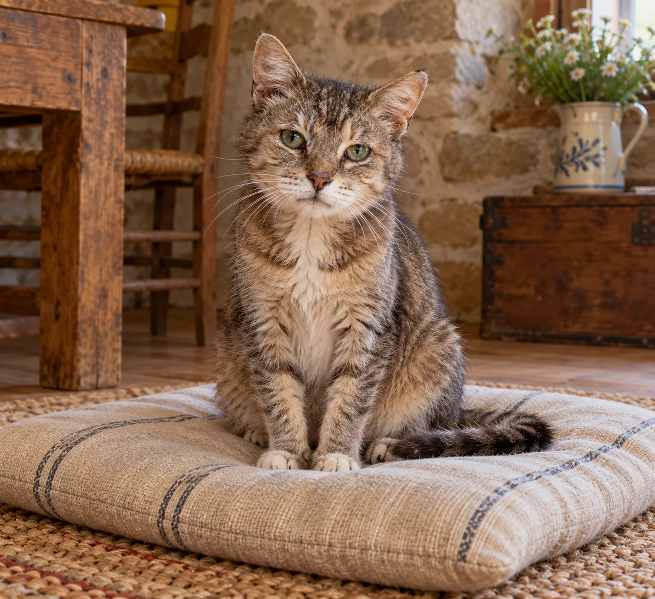A complete aged cat seated on a cushion.