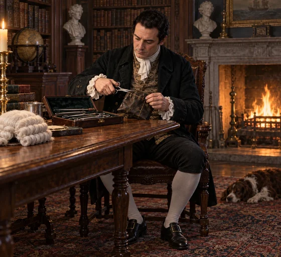 Imagined Doctor Livesey with close-cropped black hair cuts an oilskin packet’s stitches at a library table.