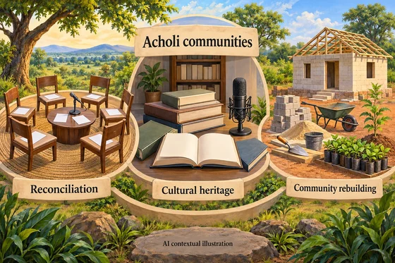 AI concept of Acholi institutional reconciliation, heritage and rebuilding; imagined editorial props.