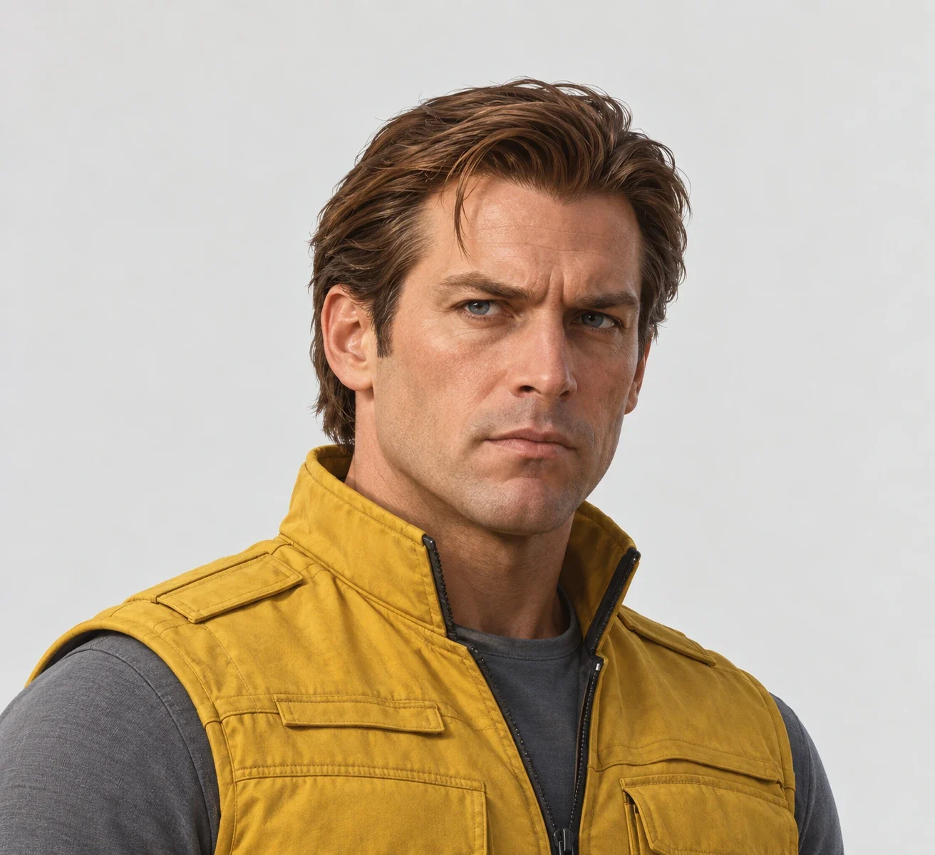 Brad Vickers portrait: swept-back brown hair, stern face, yellow vest over grey sleeves.