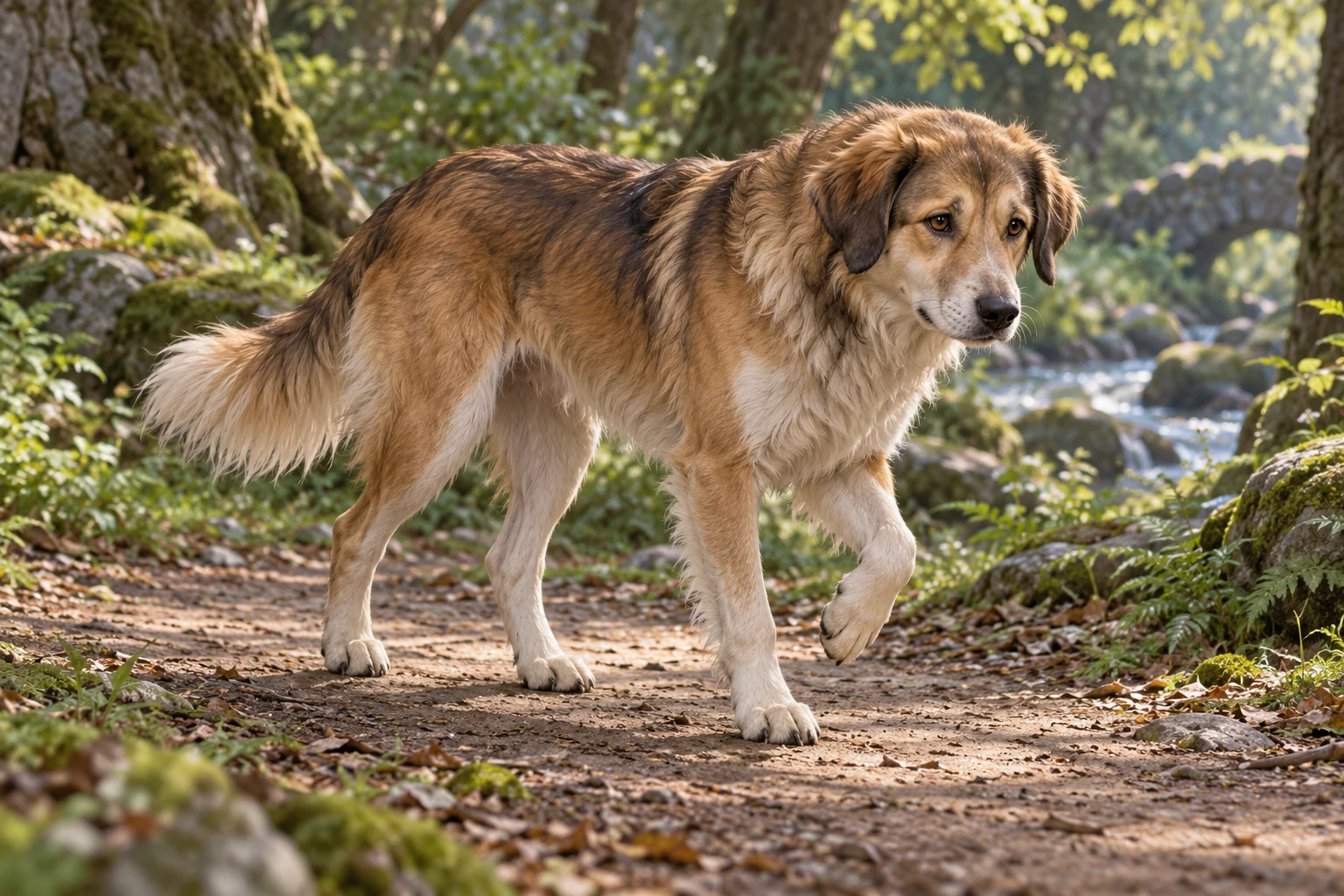 Imagined dog form of the enchanted prince on a forest path.
