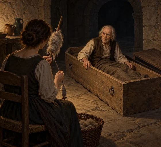 Old man upright in a coffin facing a woman spinning wool.