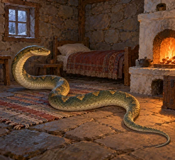 AI-generated serpent prince alone beside a bed and warming stove