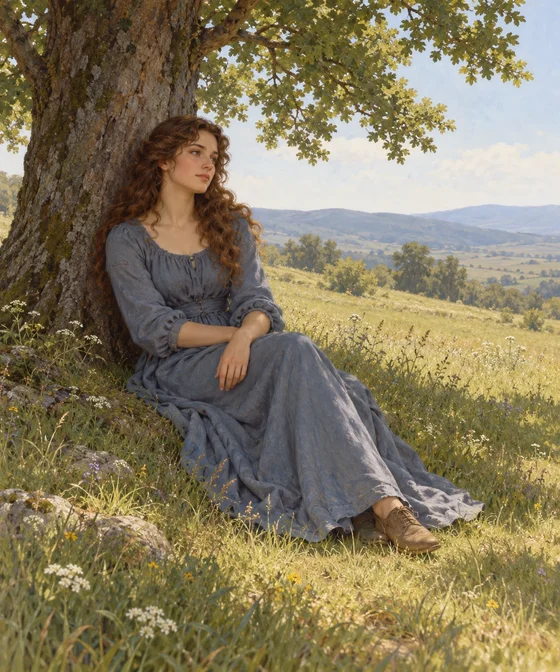 A curly-haired woman in a blue-gray gown sits beneath a shady tree in a field.