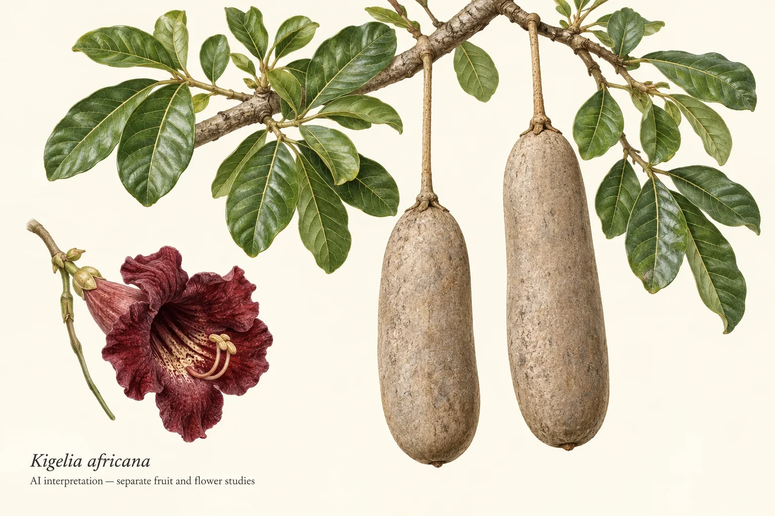 AI sausage tree fruit and separate flower studies.