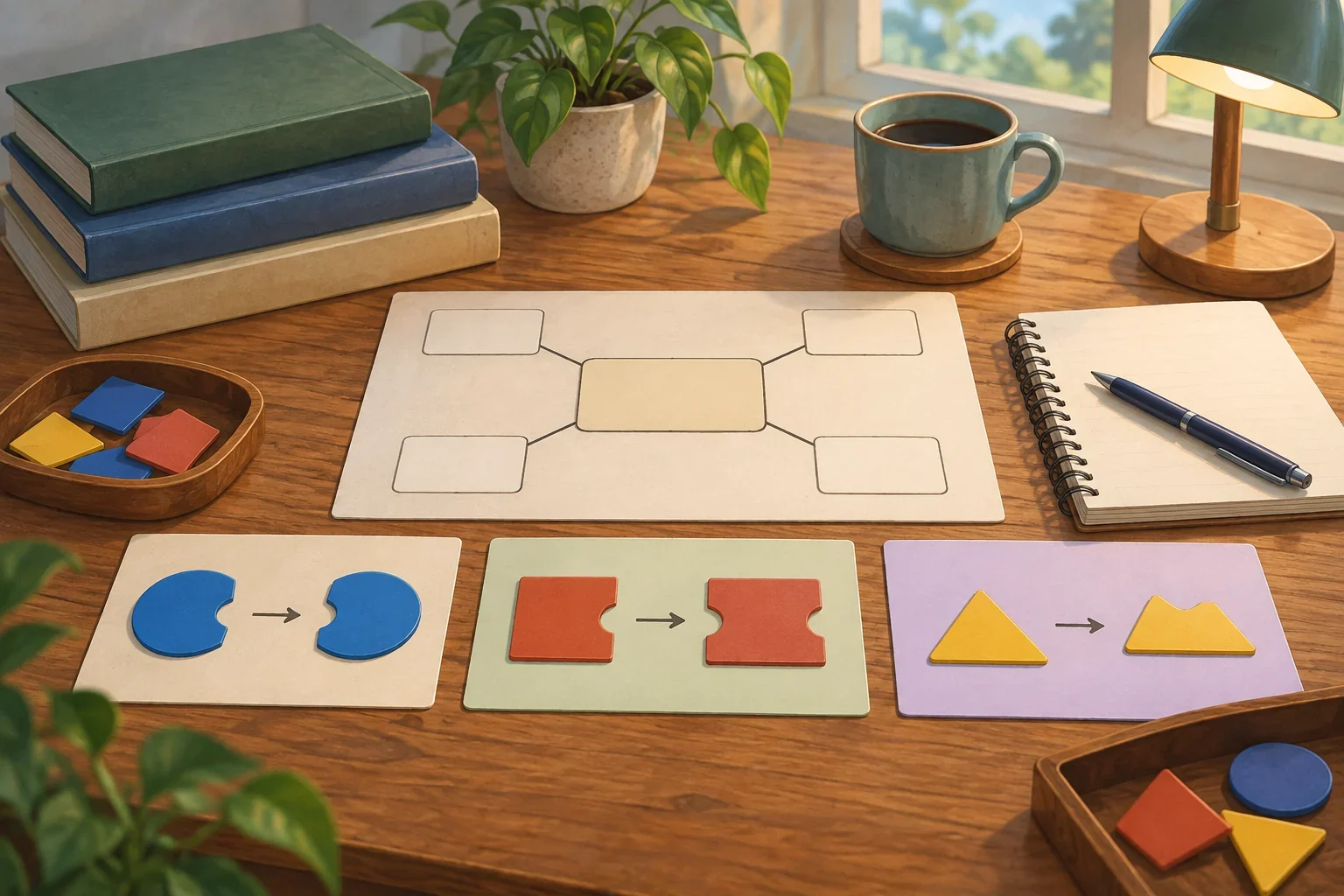 Imagined Tawala grammar desk with blank head-marking connectors and abstract copying tiles