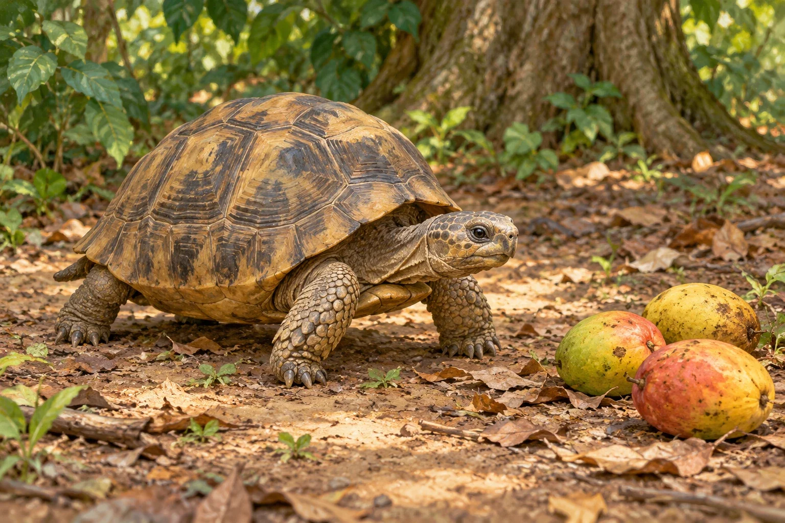 AI-generated natural tortoise representing Kudu beside generic fruit associated with the Bojabi account