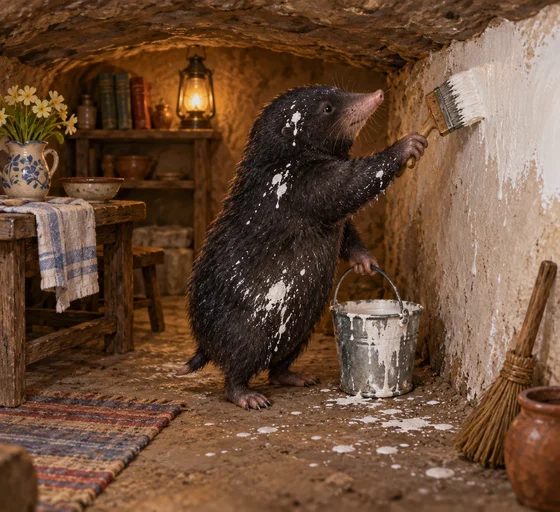 Imagined black-furred Mole holds a whitewash brush and pail inside his underground home.