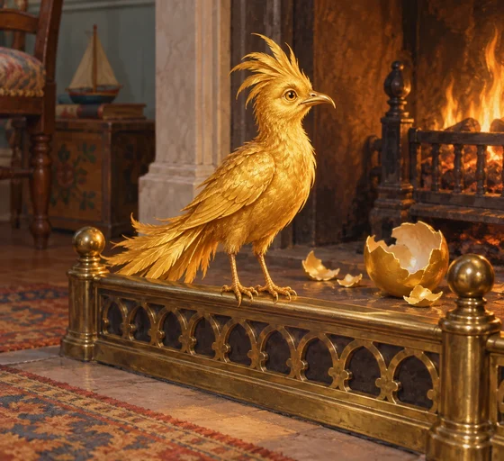 Unofficial AI interpretation of Nesbit’s small golden Phoenix on the nursery fender after hatching. Golden plumage and tail, small scale and the egg/fire relationship follow the novel; exact beak curve, crest, feather pattern and room are imagined. No general traditional phoenix anatomy is claimed.