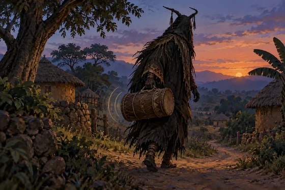 AI interpretation of Zimwi. One imaginary threatening tale-being carrying a closed drumlike container on a village path, hinting at concealed singing through soft artistic sound ripples. No visible captive, violence or modern-community portrait. Exact zimwi body, container and setting invented, ripples a modern artistic device.