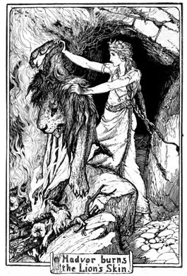 Hadvor burns the lion skin that held Hermod’s daytime enchantment, Henry Justice Ford, 1894