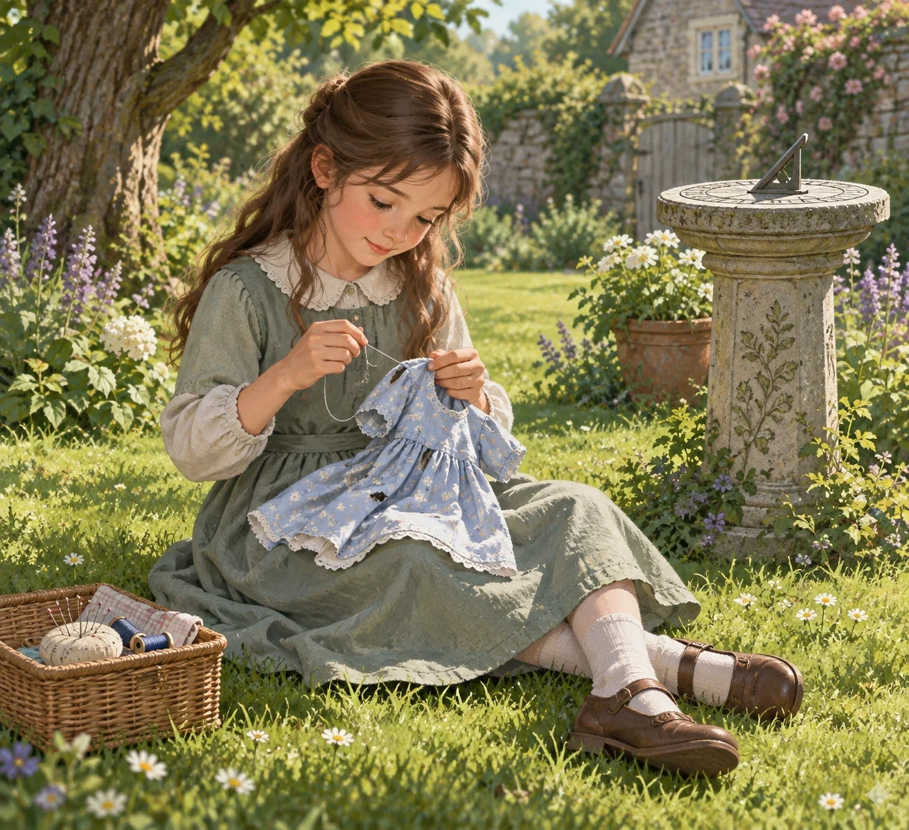 Imagined Jane mends her frock beside the sundial.