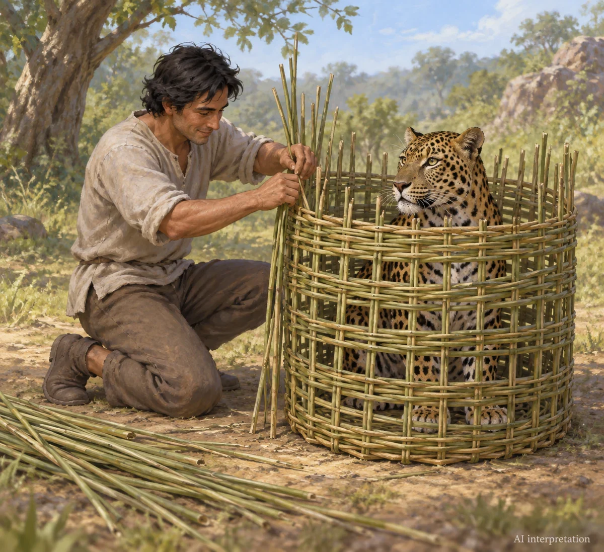 AI interpretation: Tere weaving Leopard’s basket. Body, clothes, setting imagined; no ethnographic claim.