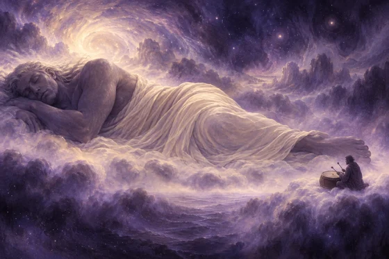 Modern AI interpretation of sleeping Mana-Yood-Sushai with Skarl drumming near his feet. Bodies, clothing, scale, colours and setting are imagined; this depicts authored fiction, not a historical religious portrait.