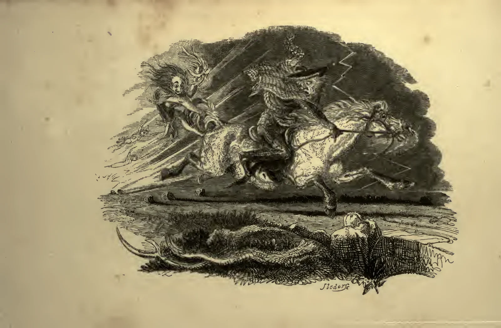 An 1830 engraving shows Tam on his galloping mare beside a bridge, pursued by wild-haired figures; the leading pursuer reaches toward the mare’s tail in Nannie’s chase.