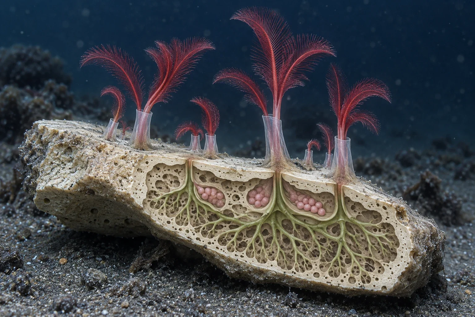 Modern AI interpretation of bone-dwelling worms.
