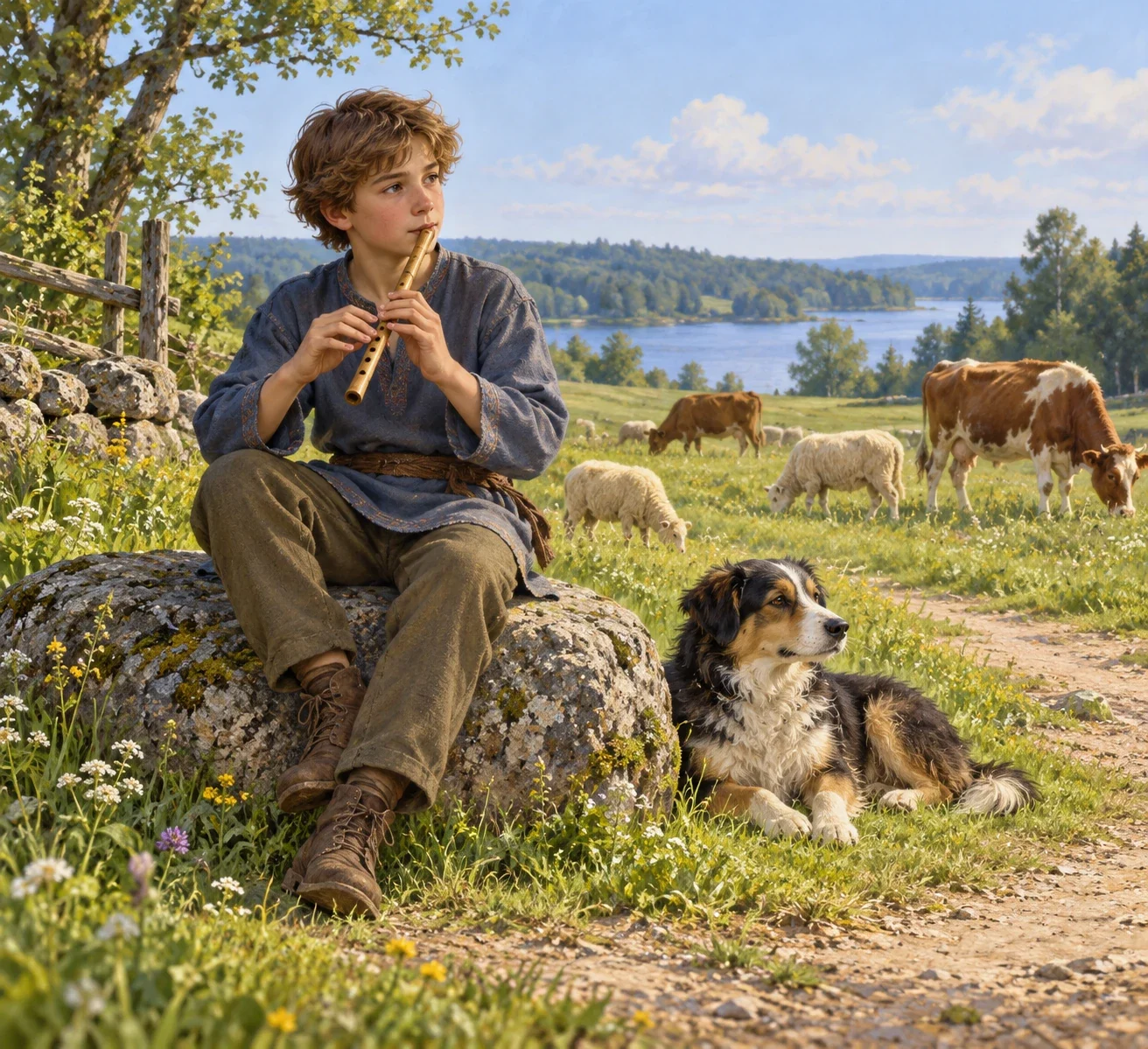 AI interpretation of the Royal Herd-Boy with flute, dog and grazing animals.