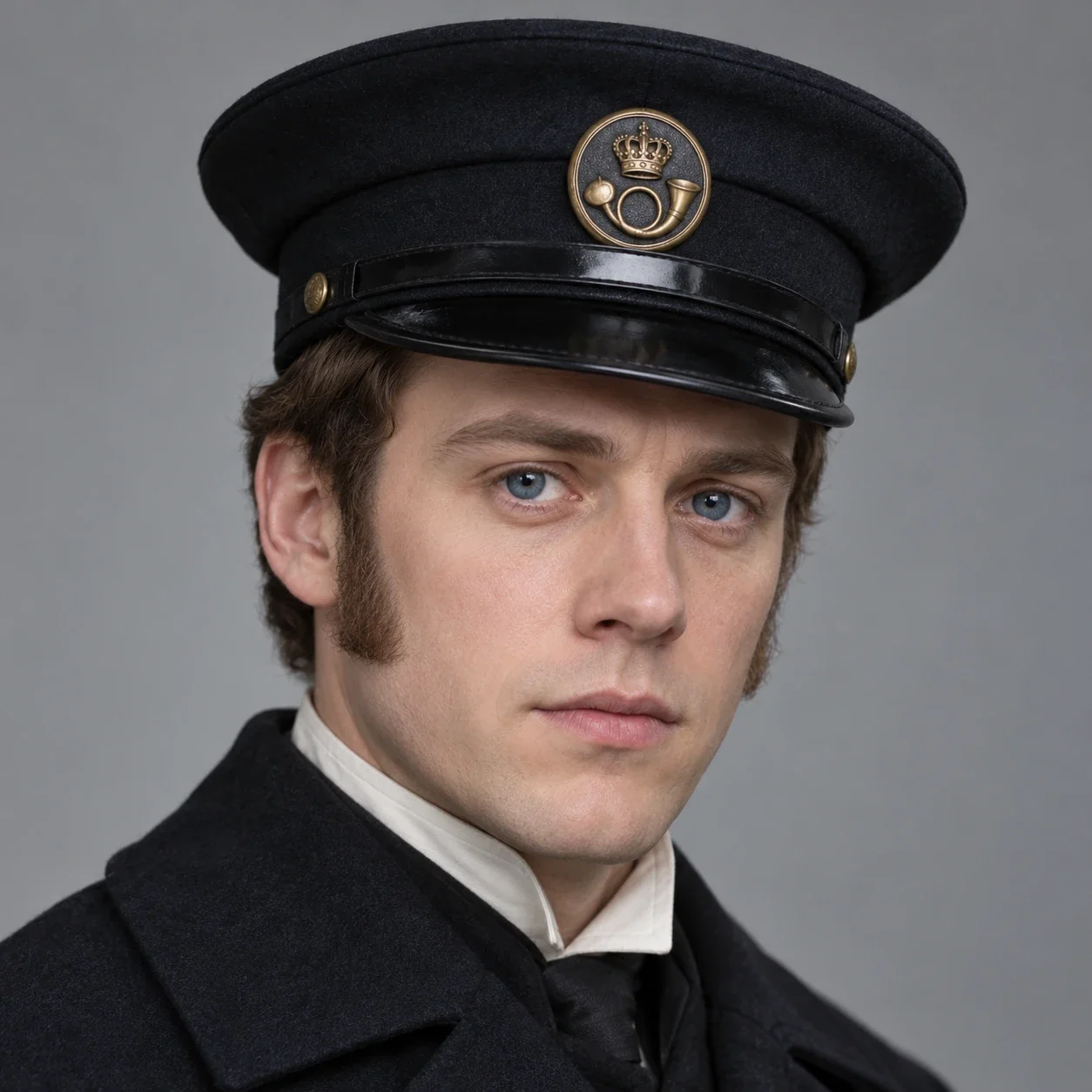 Stanley Howler, 2010 television interpretation: pale young face, blue eyes, short brown hair and sideburns, black peaked postal cap with circular badge, dark coat, pale collar.