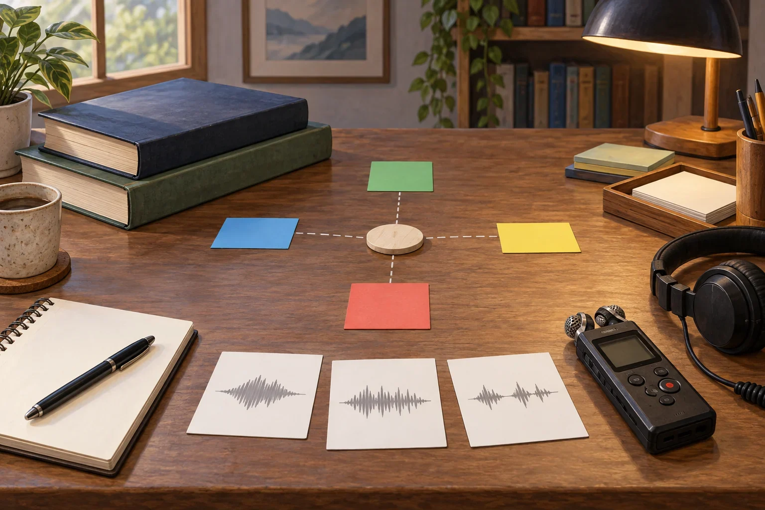 Imagined Chabu documentation table with blank distance cards and sound-study props