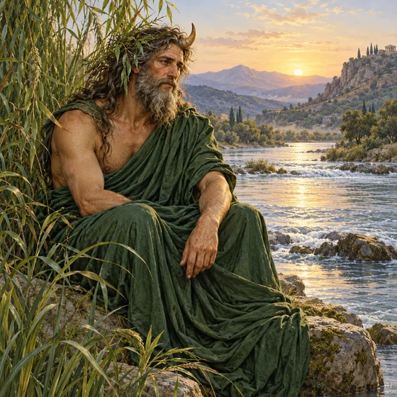 A bearded river god in green drapery sits beside flowing water, with one horn visible and willow foliage around his head.