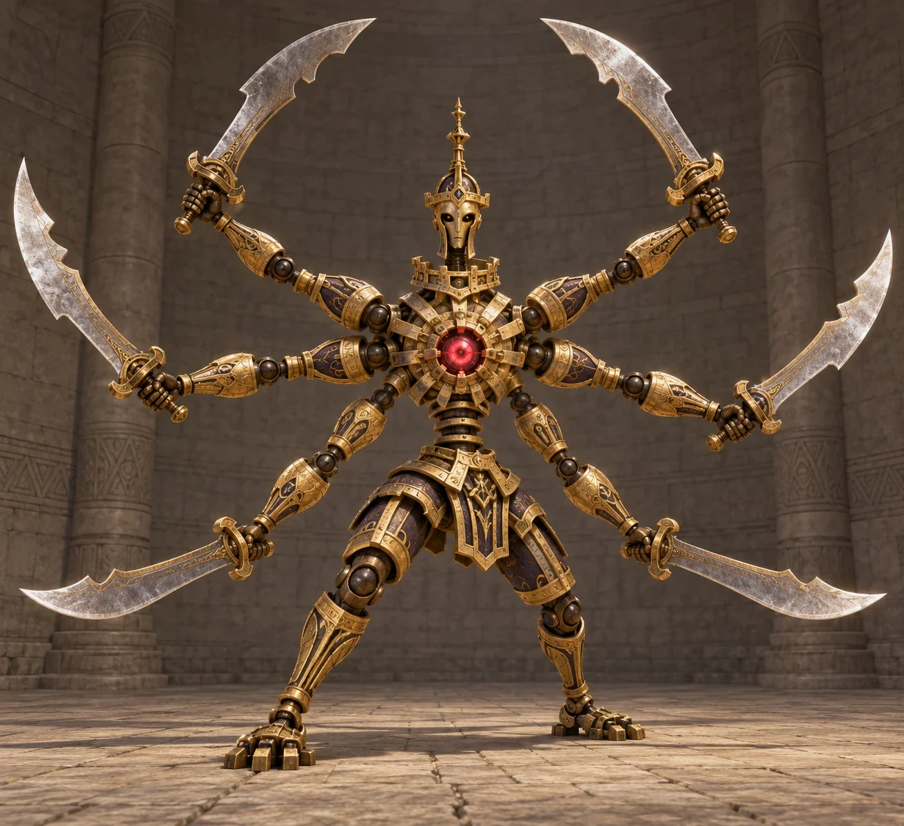 Interpretive six-armed Koloktos with swords and red core.
