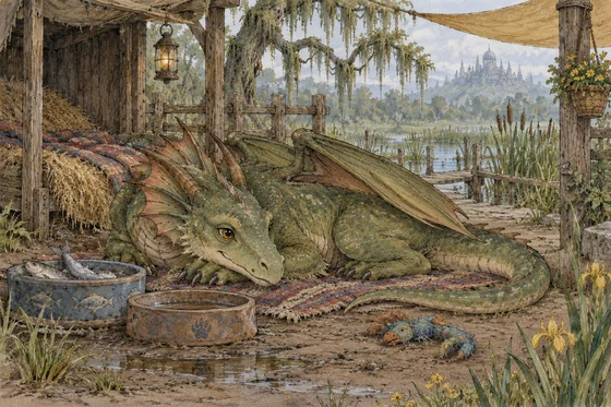 An imagined small swamp dragon rests at a sanctuary.