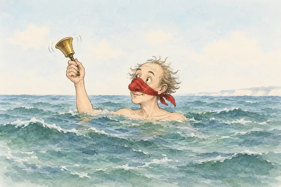 AI-generated illustration: Lear’s Pobble swimming with scarlet flannel around his nose and a raised bell, with feet concealed beneath water.
