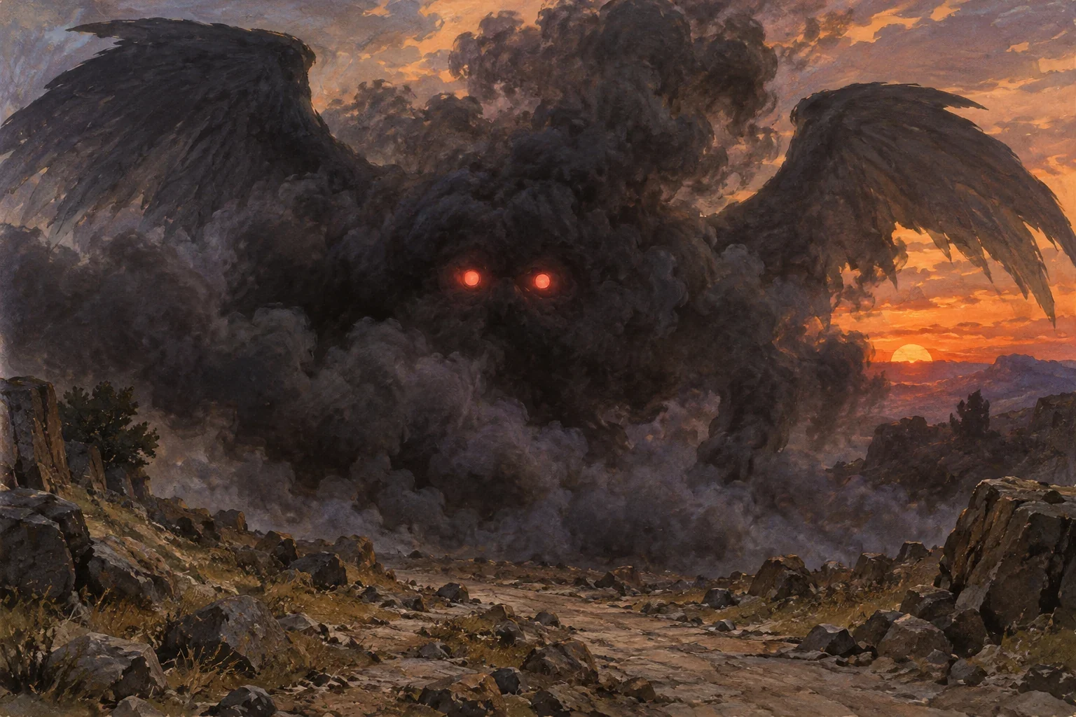 Unofficial AI interpretation of the Rak approaching in its dark smoke, with two glowing red eyes. Smoke-veiled body and wing silhouettes, colouring, scale and landscape are imagined; this does not claim an exact canonical body plan.