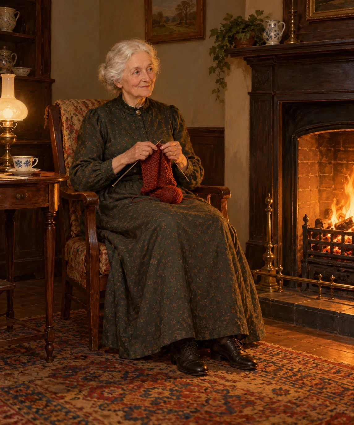 AI interpretation of white-haired Mrs. White knitting by the fire during the opening domestic evening.