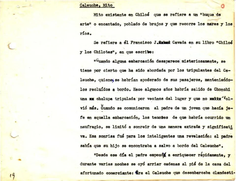 Enciclopedia Chilena manuscript article headed Caleuche, Mito; documentary source-page facsimile